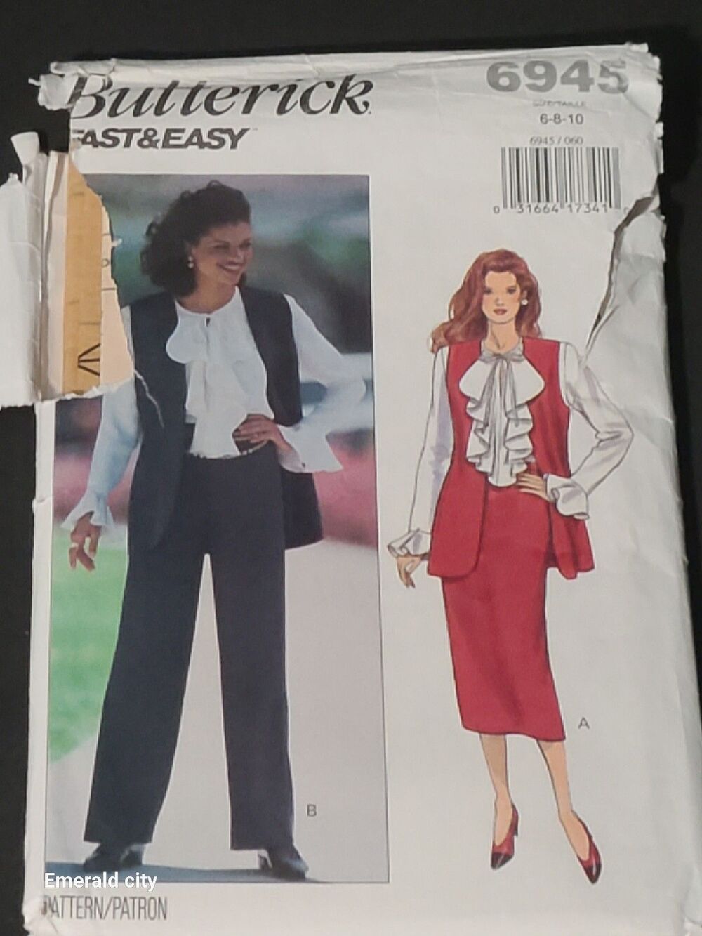 Vtg Butterick Sewing Pattern 6945 Vest Blouse Skirt Pants Sizes 6 -8- 10 Uncut